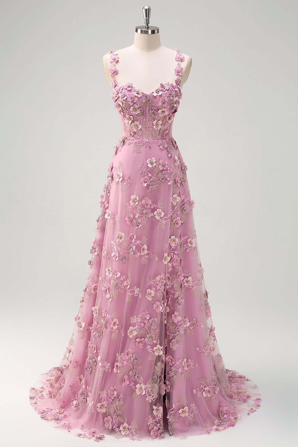 Floral Pink Corset A-Line Long Prom Dress