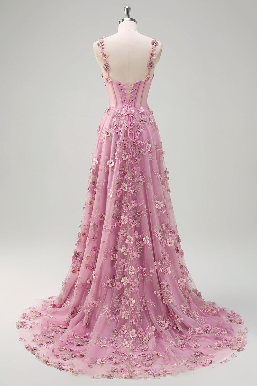 Floral Pink Corset A-Line Long Prom Dress