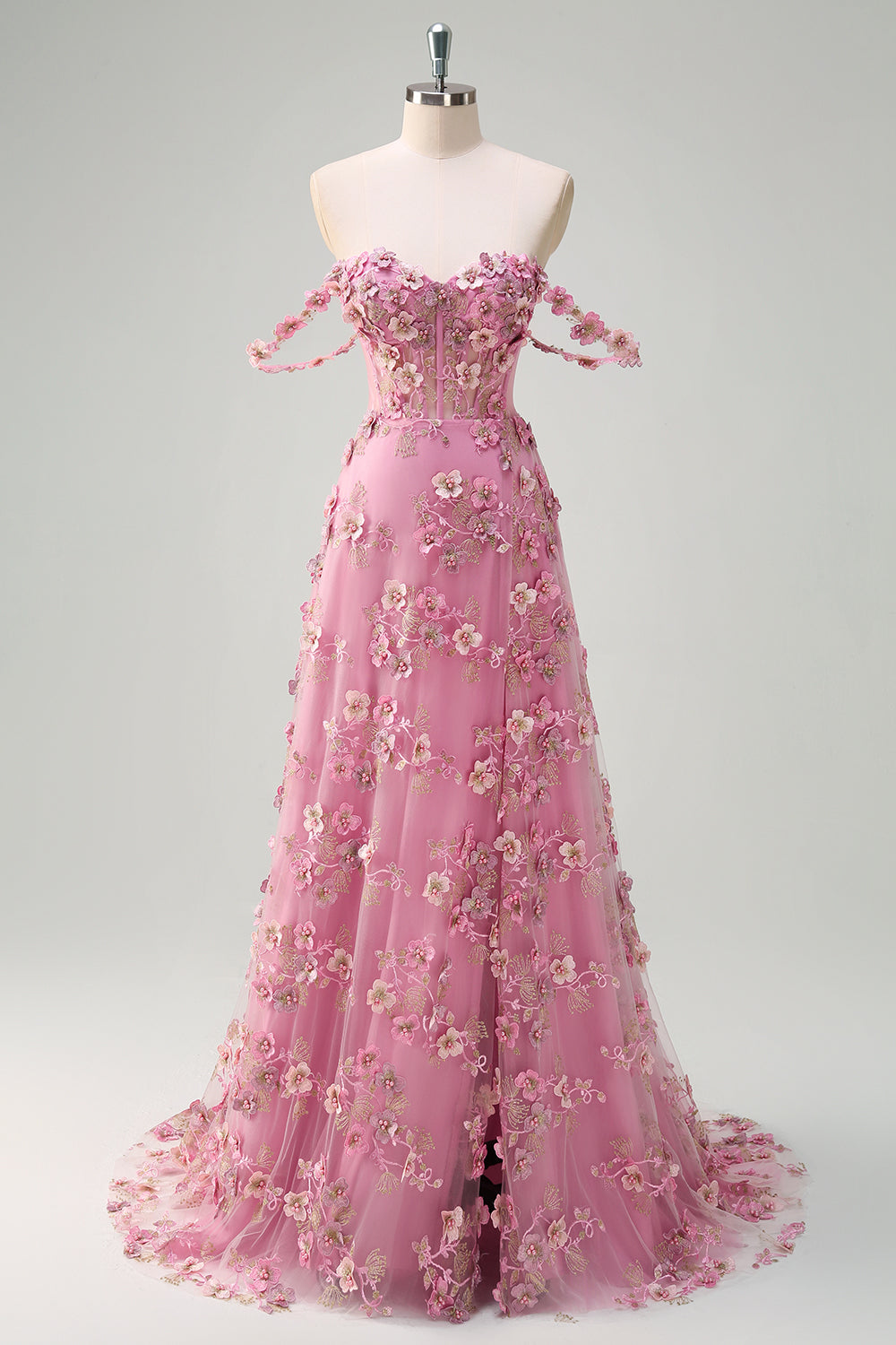 Floral Pink Corset A-Line Long Prom Dress