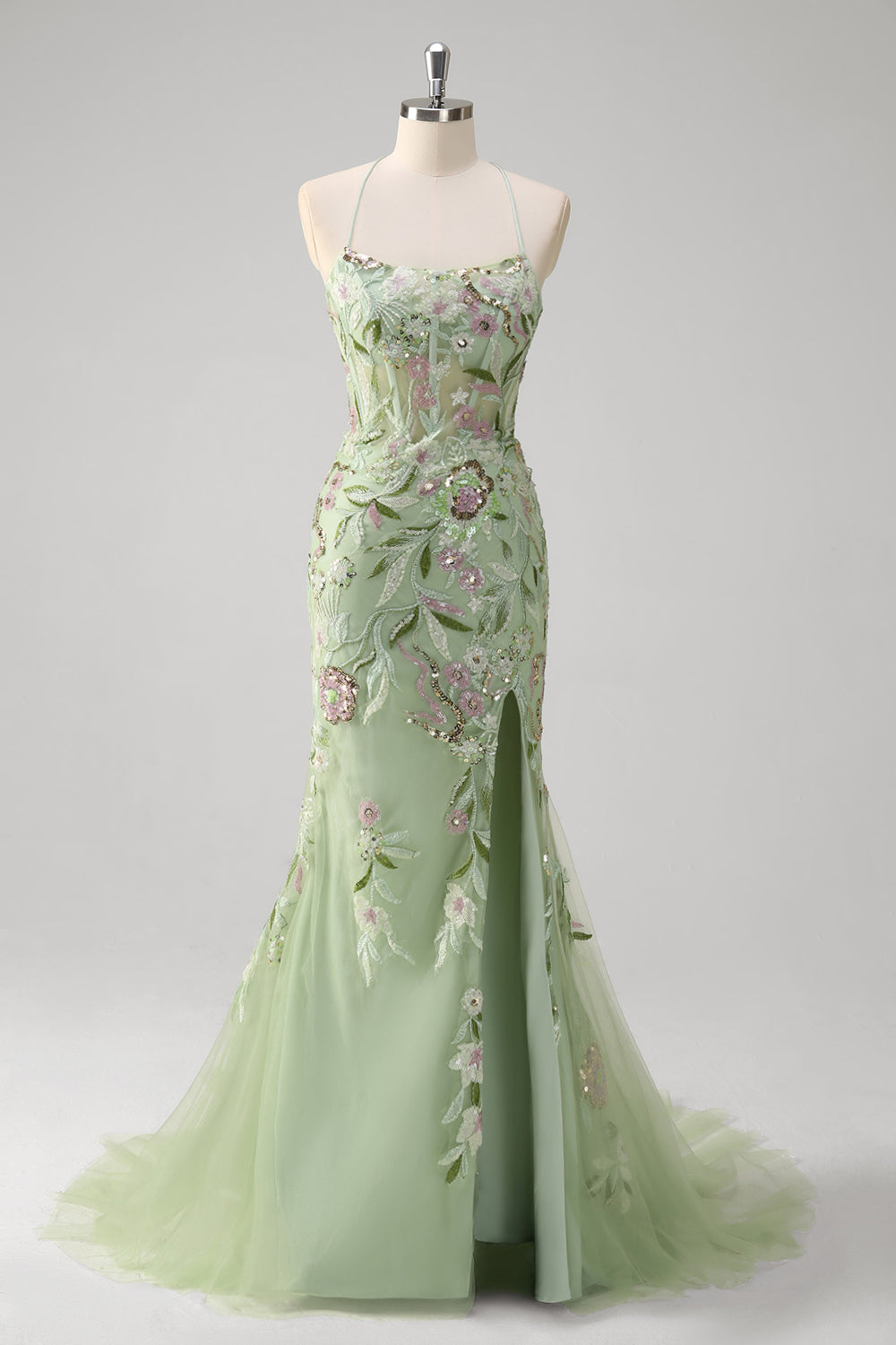Green Corset Floral Sequined Mermaid Tulle Prom Dress with Slit