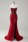 Burgundy Beaded Strapless Mermaid Prom Dress with Slit
