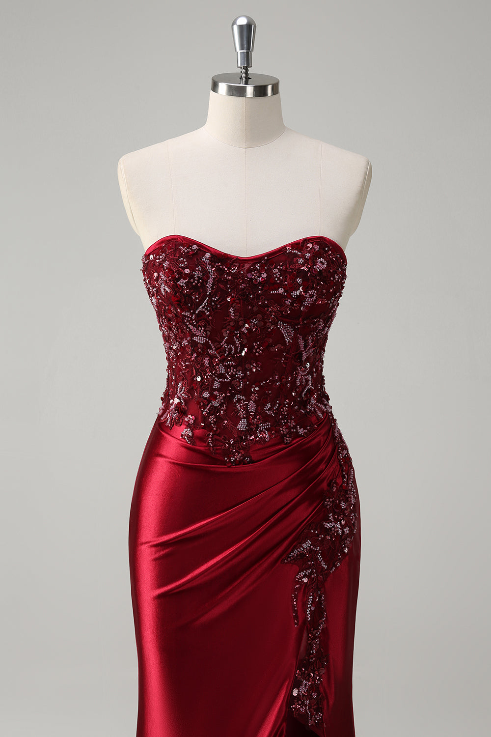 Burgundy Beaded Strapless Mermaid Prom Dress with Slit