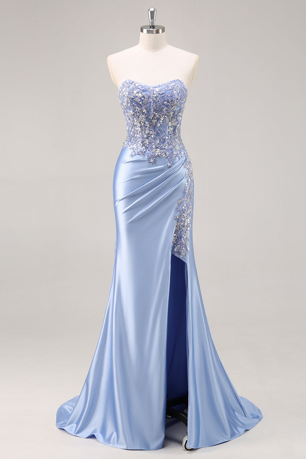 Sparkly Strapless Blue Corset Ruched Mermaid Prom Dress