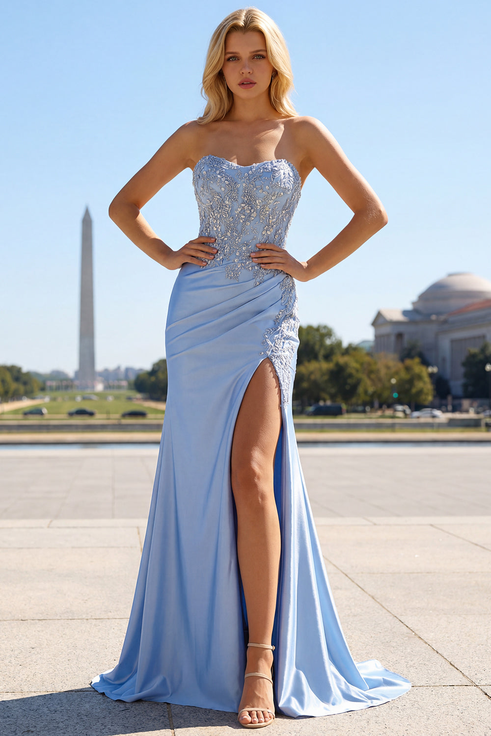 Sparkly Strapless Blue Corset Ruched Mermaid Prom Dress