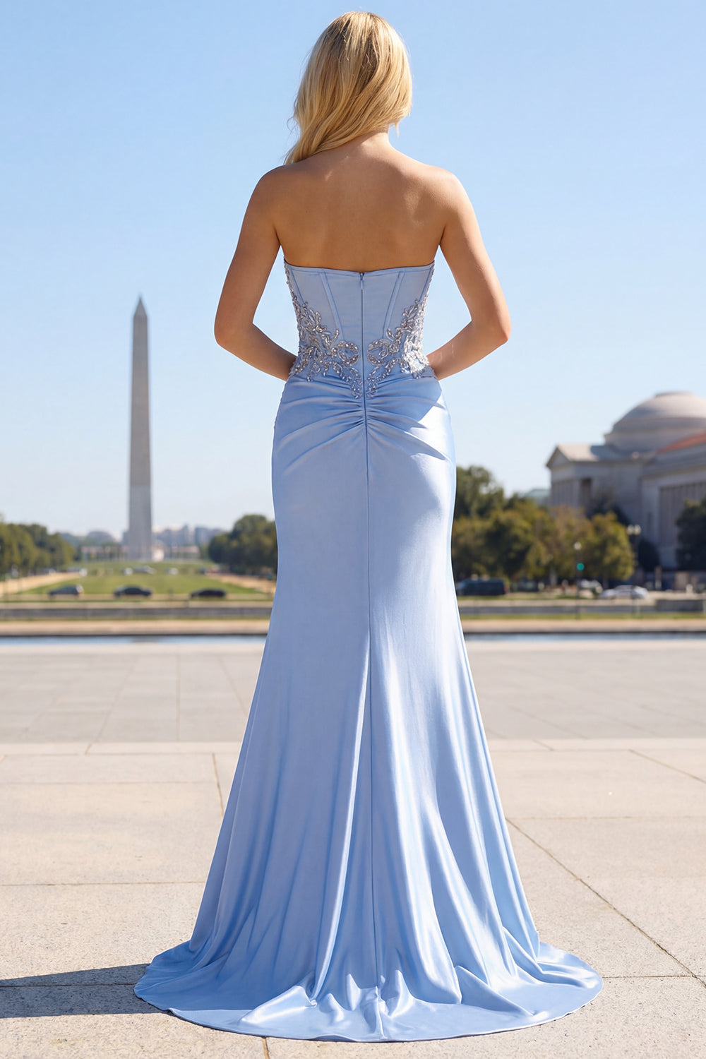 Sparkly Strapless Blue Corset Ruched Mermaid Prom Dress