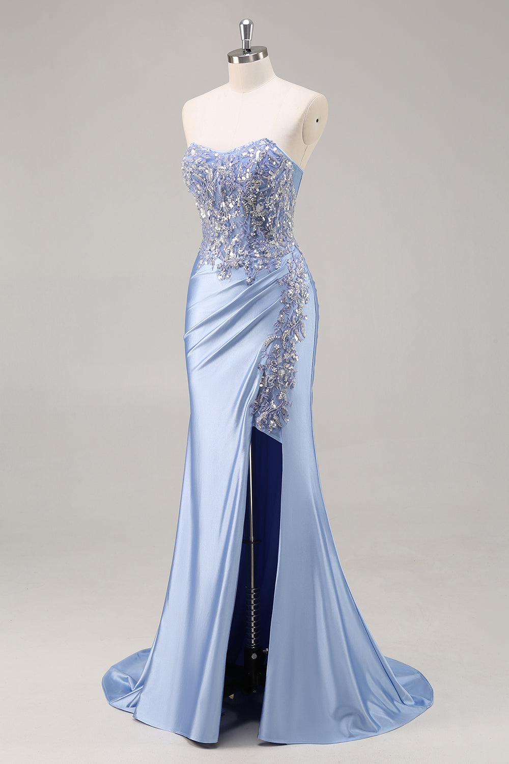 Burgundy Beaded Strapless Mermaid Prom Dress with Slit