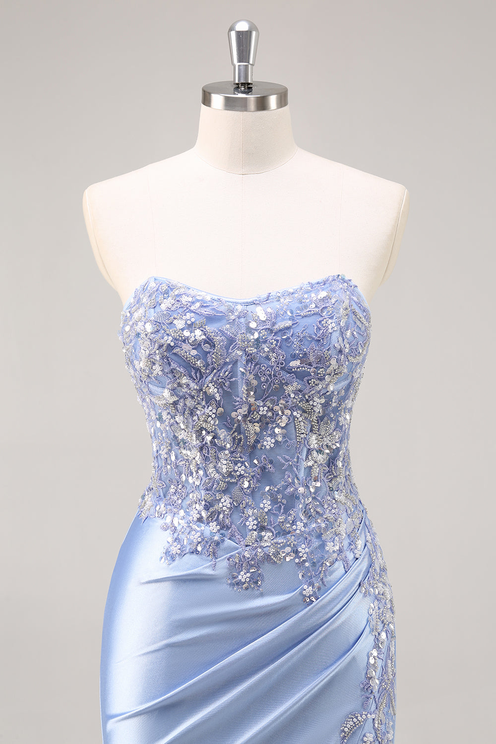 Burgundy Beaded Strapless Mermaid Prom Dress with Slit
