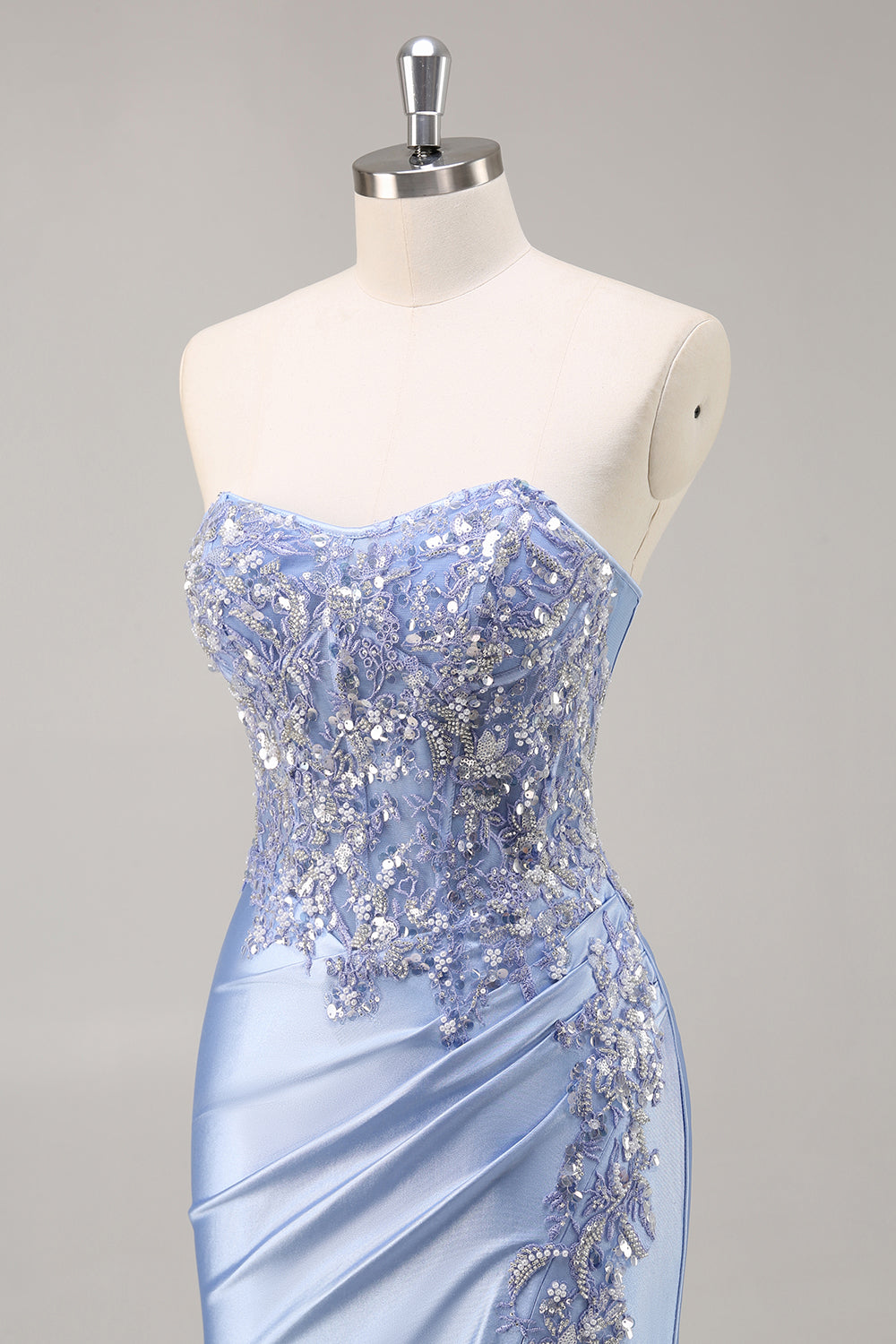 Burgundy Beaded Strapless Mermaid Prom Dress with Slit