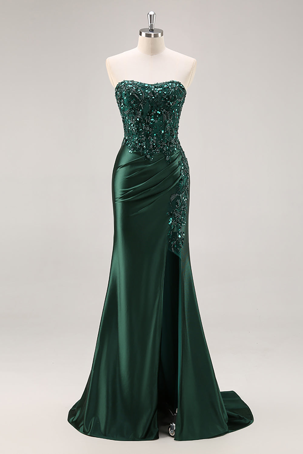 Burgundy Beaded Strapless Mermaid Prom Dress with Slit