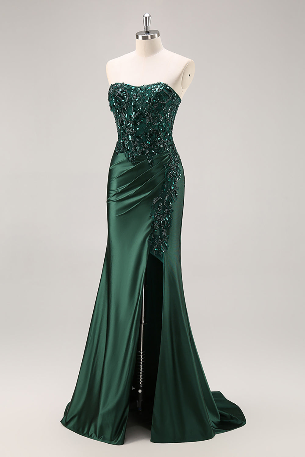 Burgundy Beaded Strapless Mermaid Prom Dress with Slit