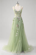 Floral A Line Green Sequined Corset Tulle Prom Dress with Slit
