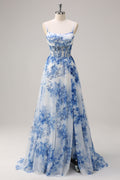 White Blue Flower A Line Corset Prom Dress with Slit