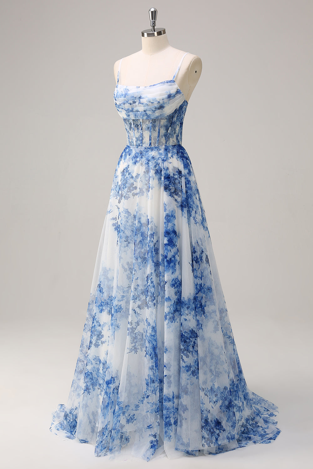 White Blue Flower A Line Corset Prom Dress with Slit