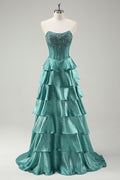 Beaded A Line Tiered Corset Strapless Peacock Green Prom Dress