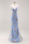 Mermaid Appliqued Blue Prom Dress with Sequins