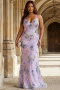 Floral Lilac Mermaid Plus Size Sequin Maxi Prom Dress