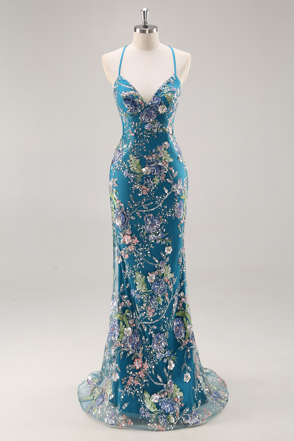 Mermaid Appliqued Blue Prom Dress with Sequins