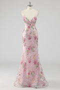 Sequins Mermaid Spaghetti Straps Pink Prom Dress with Appliques
