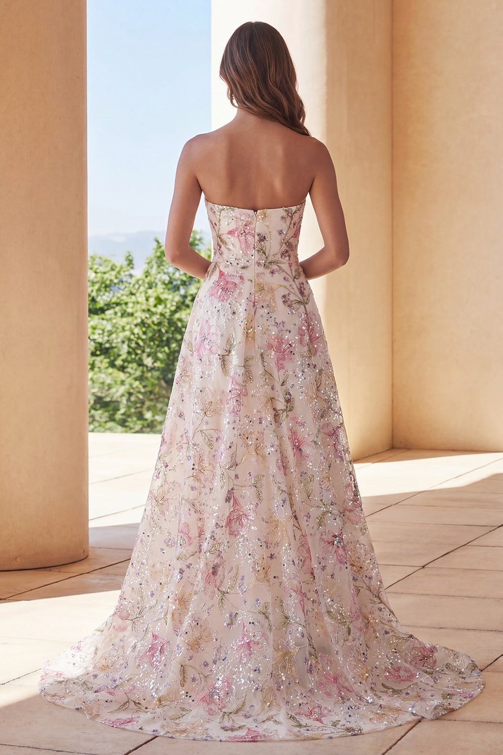 Sparkly Pink A-Line Strapless Sequin Floral Long Prom Dress