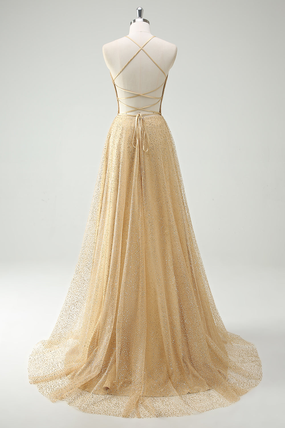 Glitter A Line Corset Gold Prom Dress with Slit