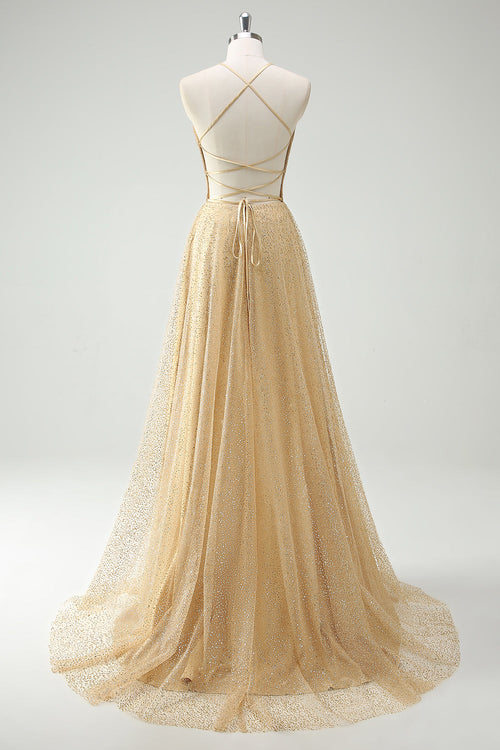 Glitter A Line Corset Gold Prom Dress with Slit