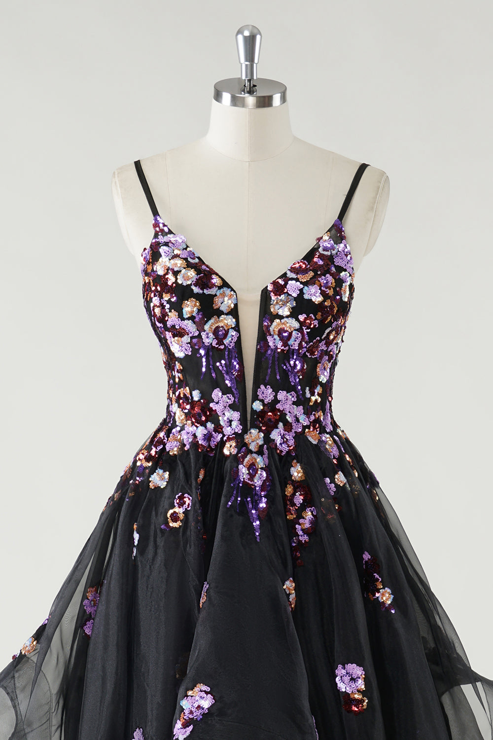 Black Sequined Corset Spaghetti Straps A Line Tulle Prom Dress