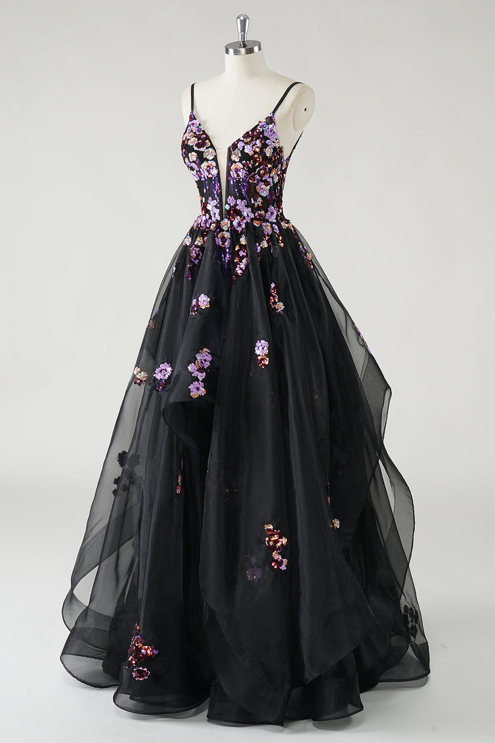 Black Sequined Corset Spaghetti Straps A Line Tulle Prom Dress