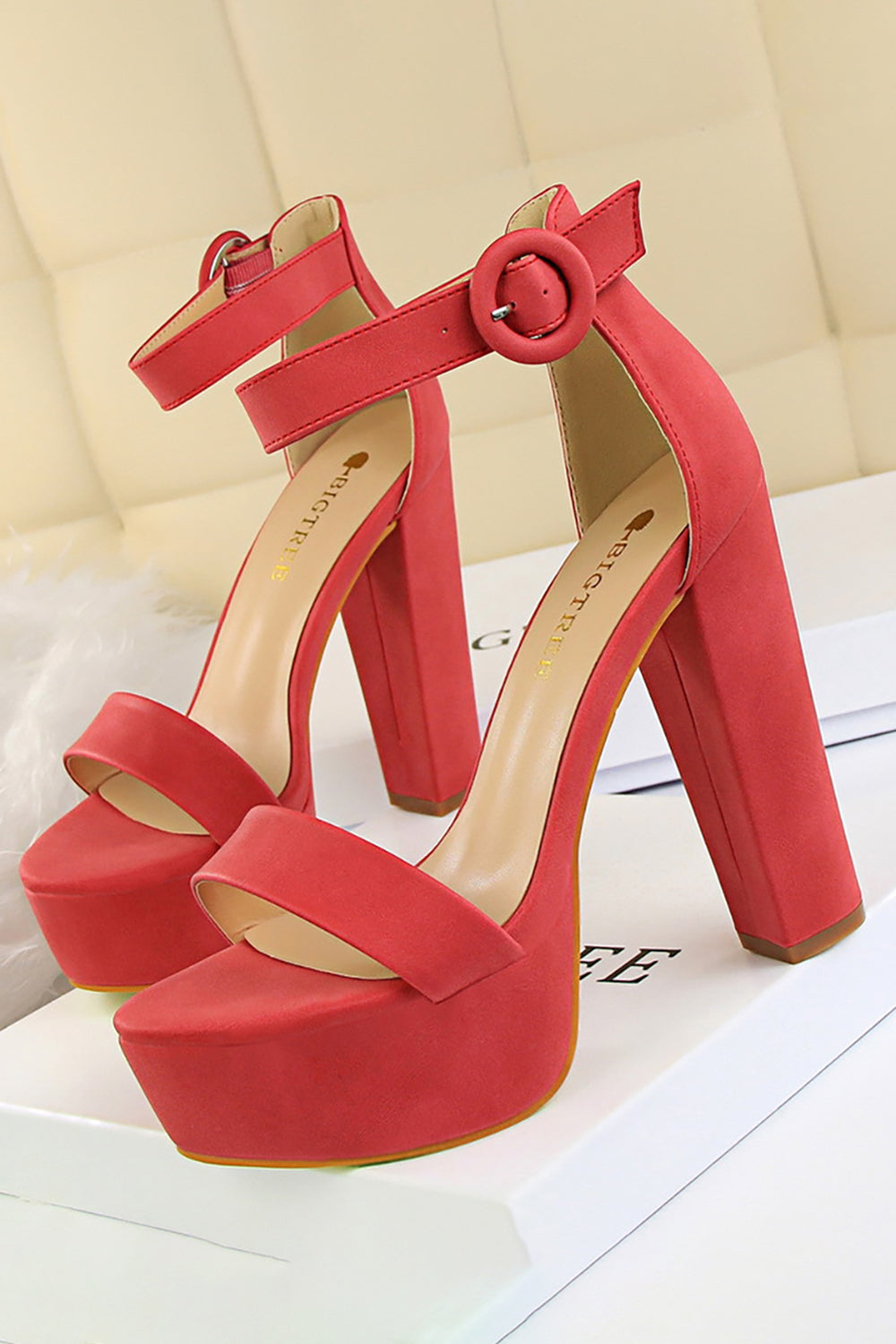 Khaki Chunky High Heel Sandals