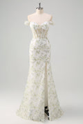 Light Green Floral Embroidery Corset Off the Shoulder Mermaid Prom Dress with Slit