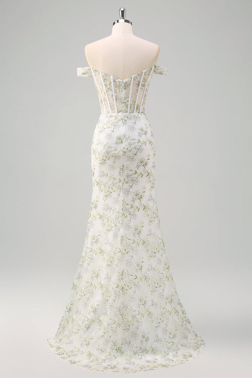 Light Green Floral Embroidery Corset Off the Shoulder Mermaid Prom Dress with Slit