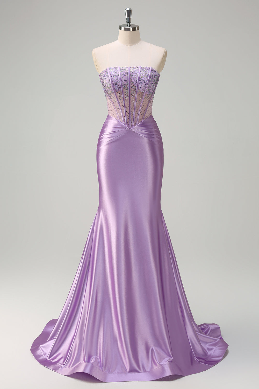 Beaded Lilac Corset Strapless Mermaid Satin Prom Dress