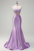 Beaded Lilac Corset Strapless Mermaid Satin Prom Dress
