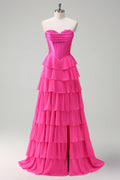 Fuchsia A Line Tiered Corset Prom Dress with Slit
