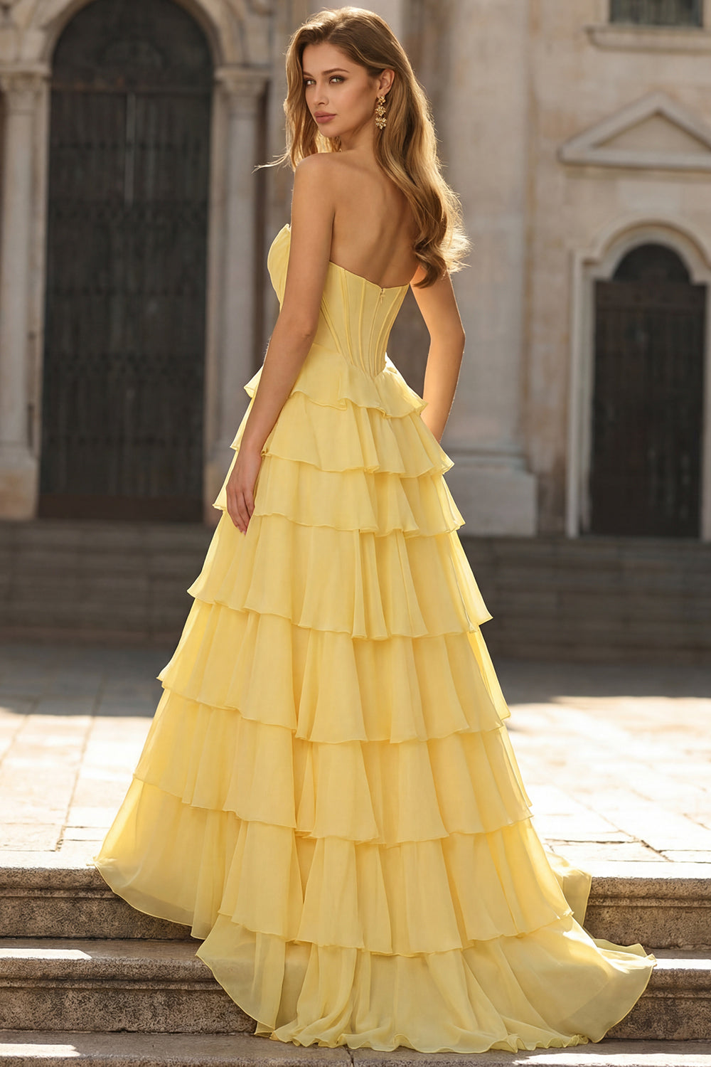 Fuchsia A Line Tiered Corset Prom Dress with Slit
