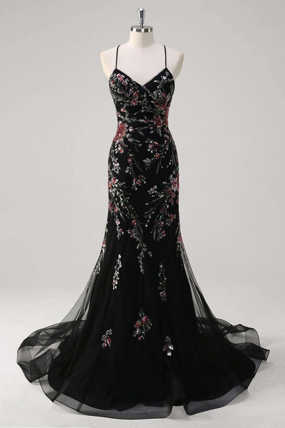 Black Sequin Floral Mermaid Tulle Prom Dress