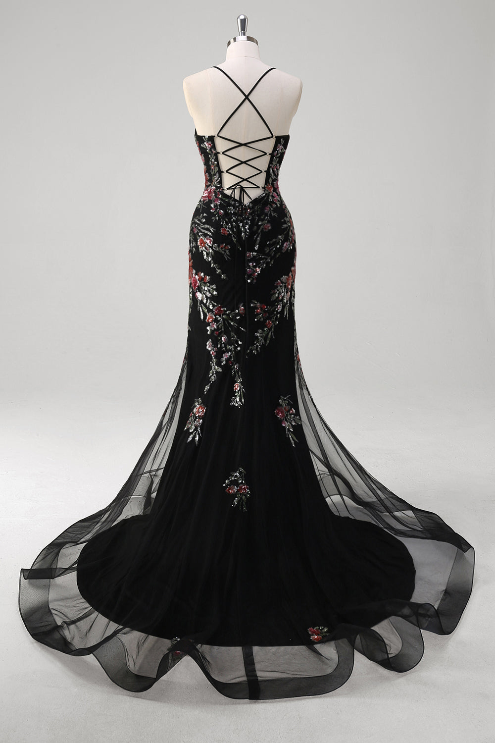 Black Sequin Floral Mermaid Tulle Prom Dress