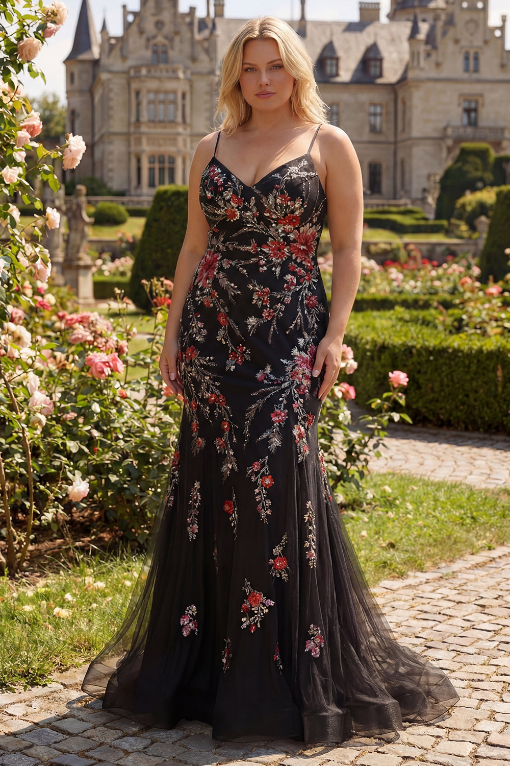 Black Floral Mermaid Sequin Plus Size Prom Dress