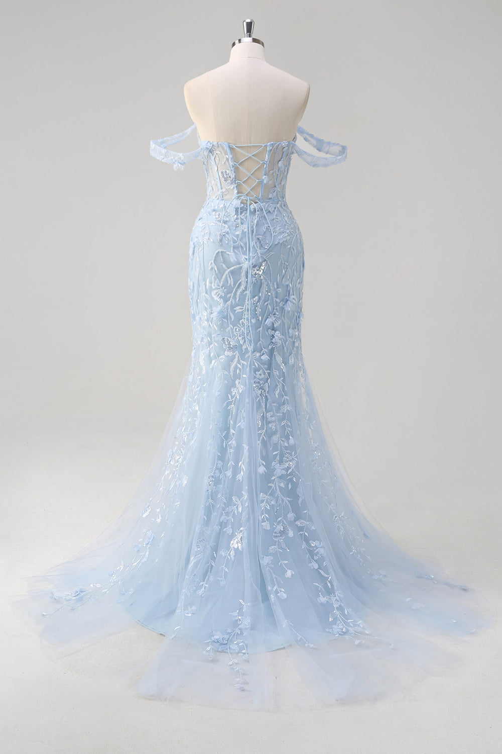 Blue Off the Shoulder Corset Mermaid Prom Dress with Appliques