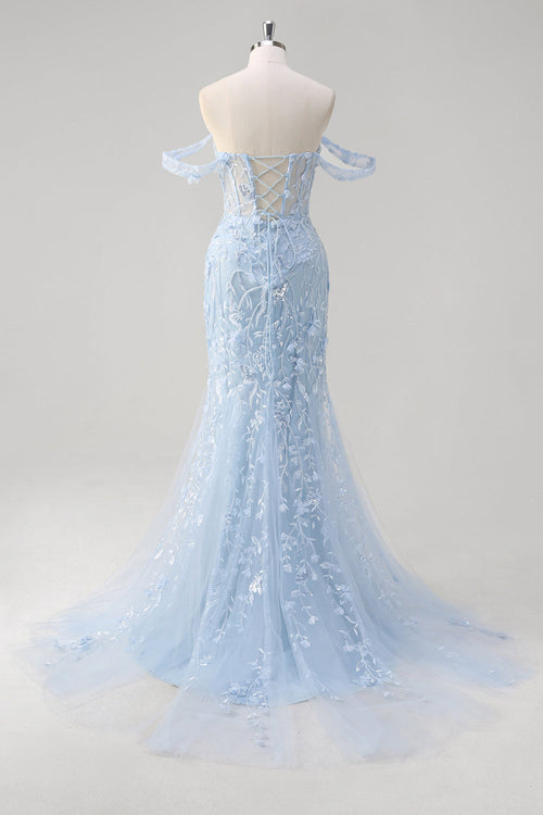 Blue Off the Shoulder Corset Mermaid Prom Dress with Appliques