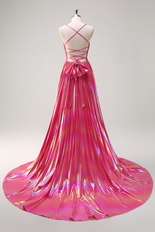 Metallic Fuchsia A Line Pleated Keyhole Floor Length Prom Dress with Slit