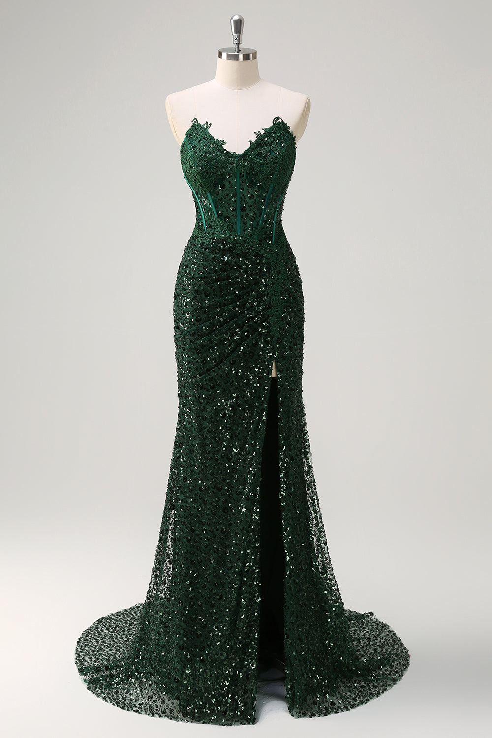 Sparkly Dark Green Strapless Ruched Corset Prom Dress