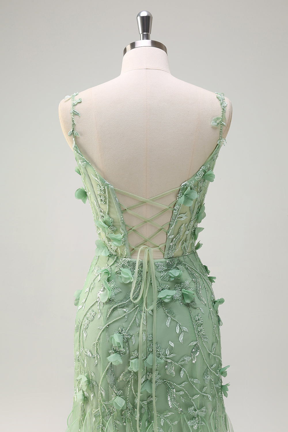 Green Tulle Slit Beaded Floor Length Prom Dress with 3D Appliques