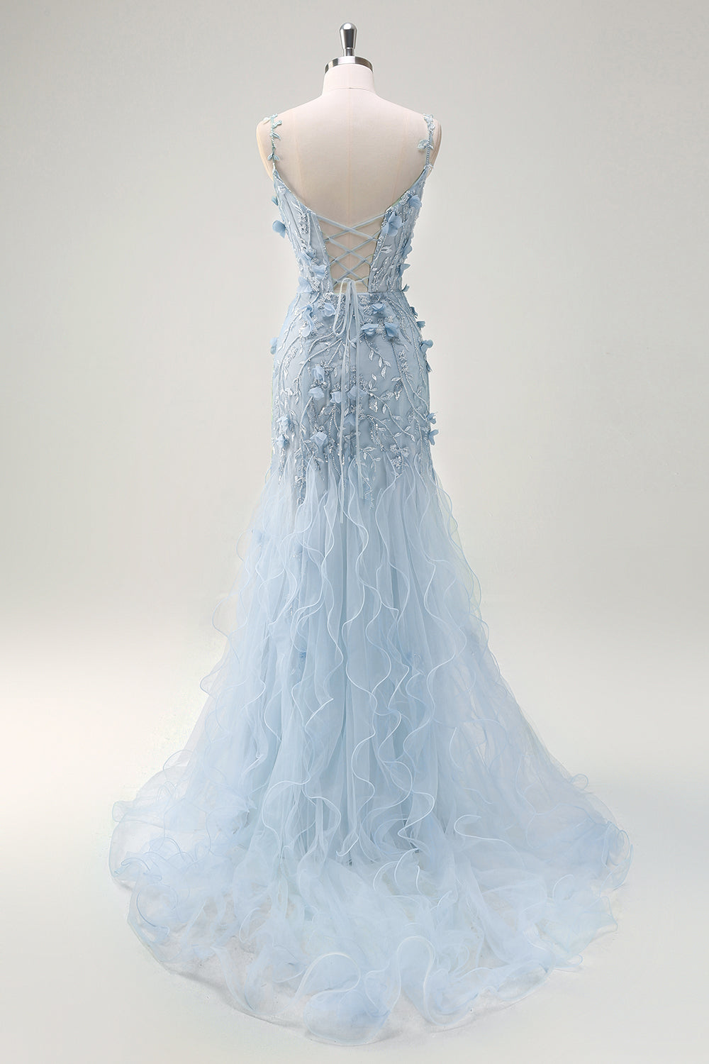 Green Tulle Slit Beaded Floor Length Prom Dress with 3D Appliques