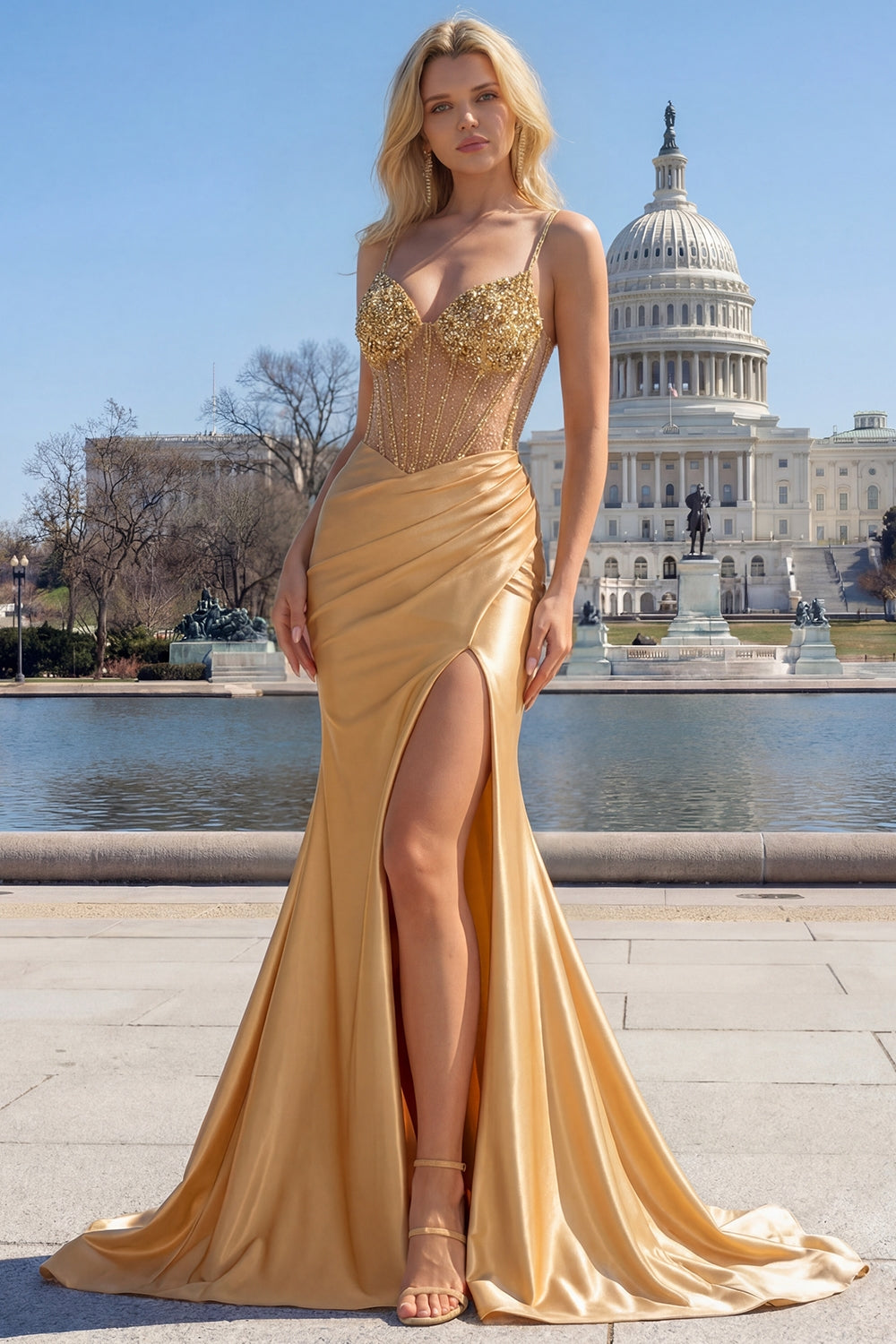 Mermaid Satin Gloden Sequined Corset Prom Dress