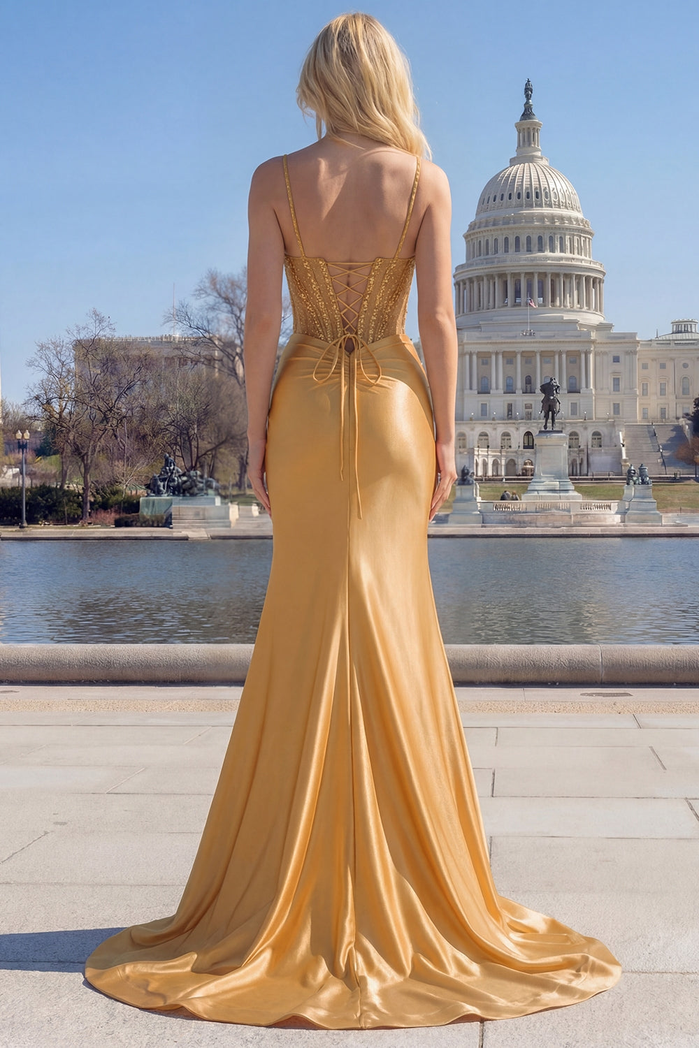 Satin Mermaid Gloden Sequined Corset Prom Dress with Slit