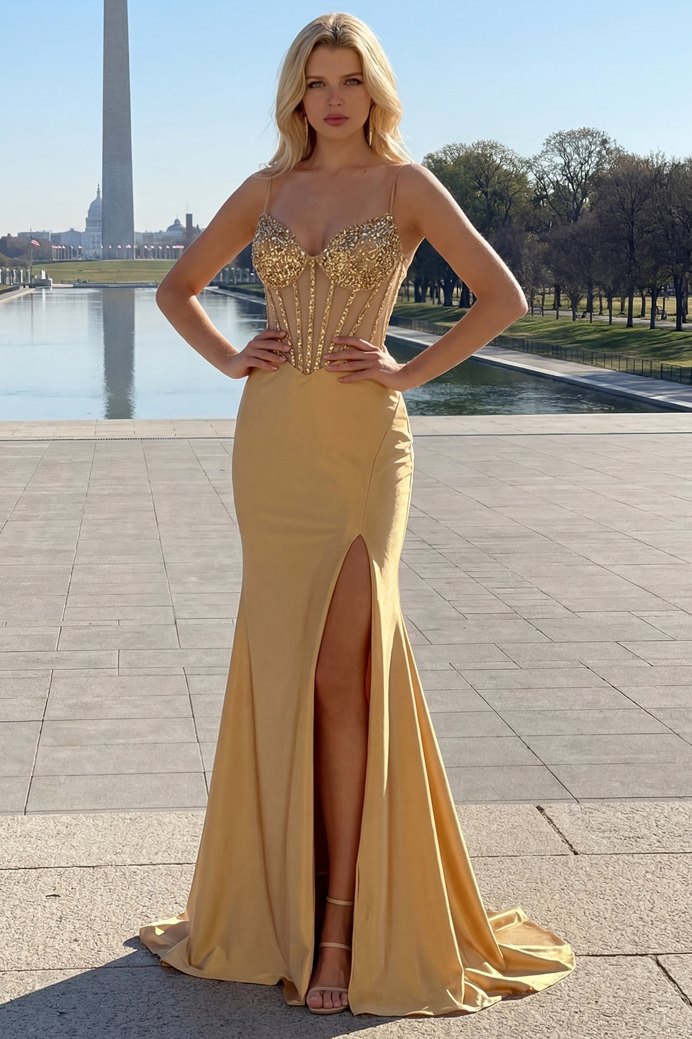 Mermaid Satin Gloden Sequined Corset Prom Dress