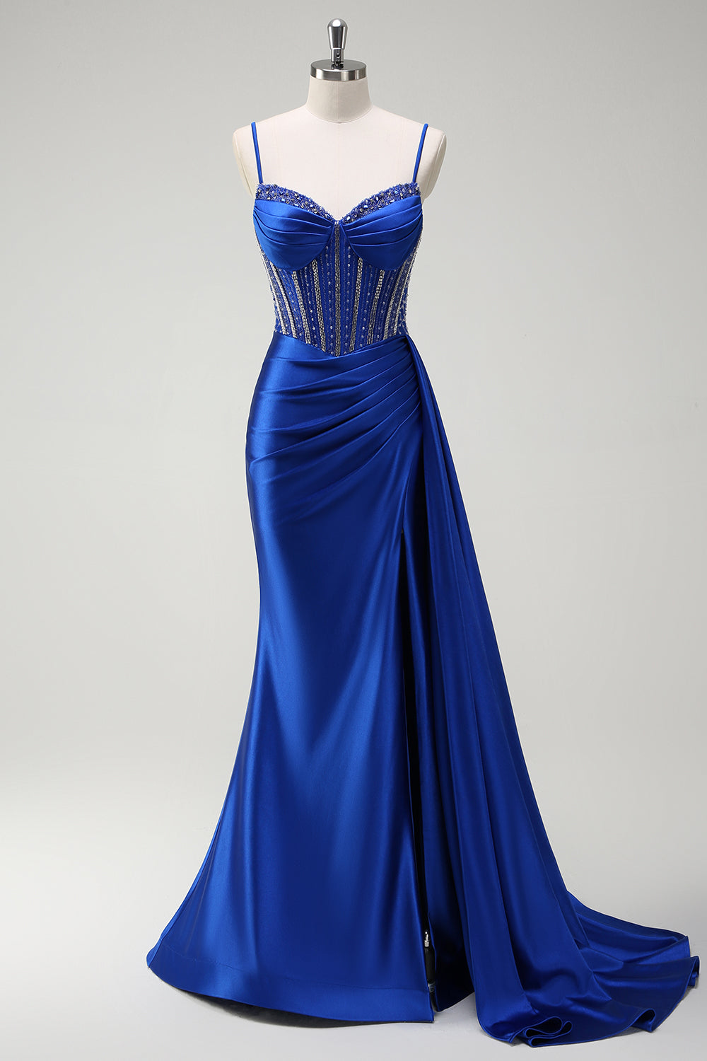 Royal Blue Mermaid Beaded Corset Prom Dress with Sash
