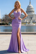 Mermaid Lilac Corset Satin Prom Dress with Appliques