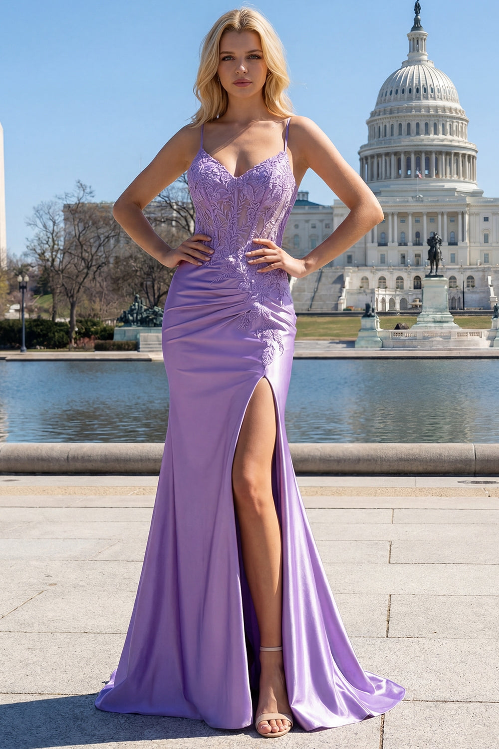 Lilac Corset Spaghetti Straps Mermaid Prom Dress with Appliques and Slit