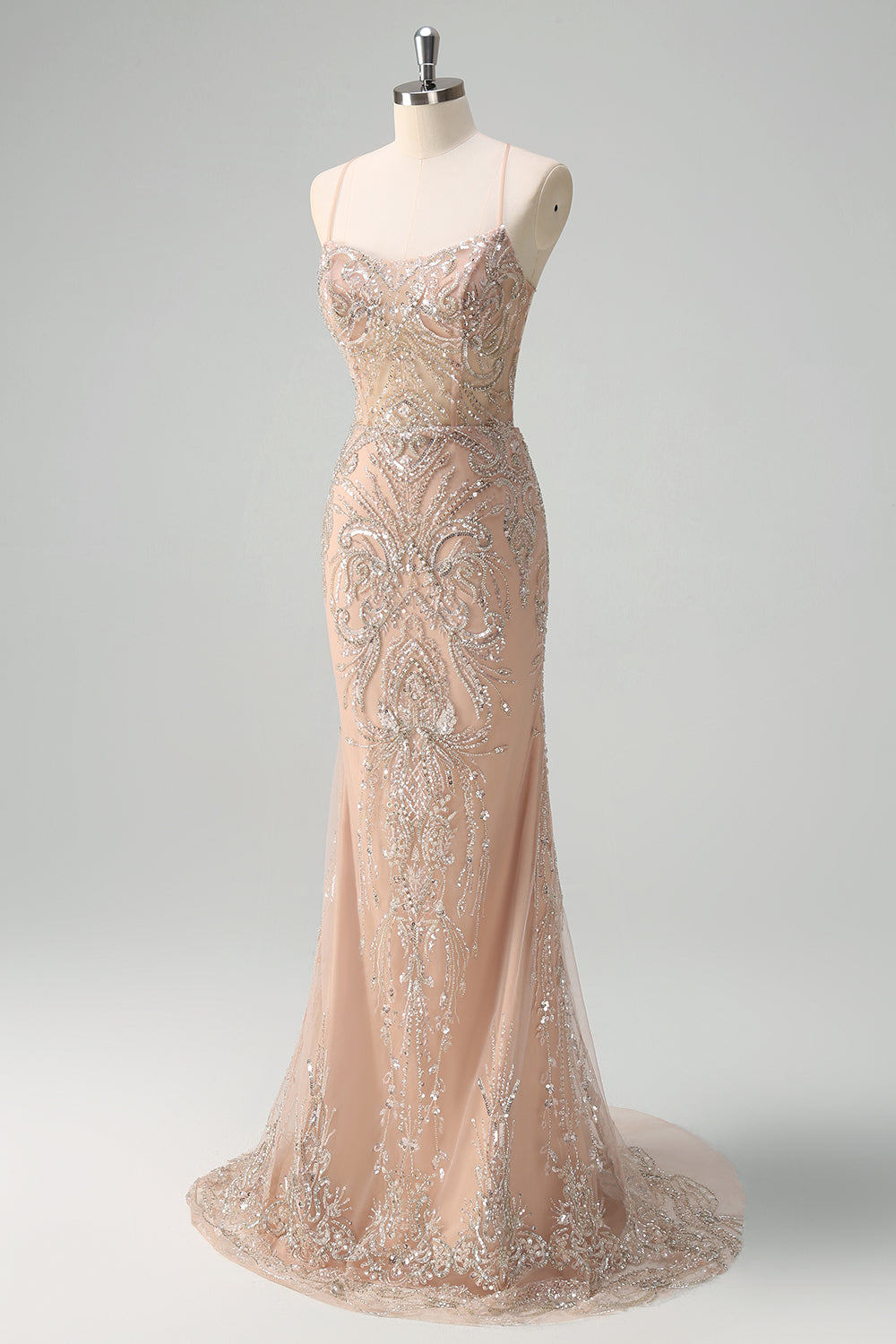 Champagne Tulle Sequined Mermaid Prom Dress with Lace-up Back